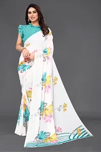 Women Georgette printed saree with  Unstitched Blouse Piecee White-thumb2