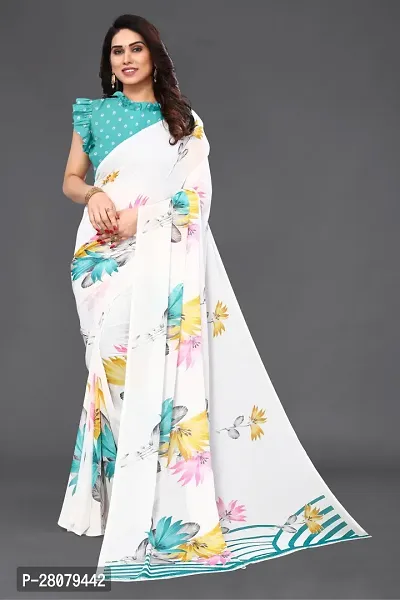 Women Georgette printed saree with  Unstitched Blouse Piecee White-thumb3