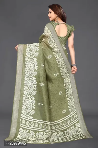 Women Cotton blend printed saree with  Unstitched Blouse Piecee Green-thumb3