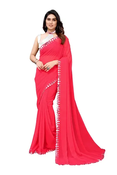 Women Georgette mirror border saree with Unstitched Blouse Piecee