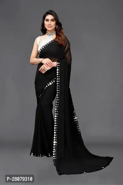 Women Georgette mirror border saree with  Unstitched Blouse Piecee black-thumb0