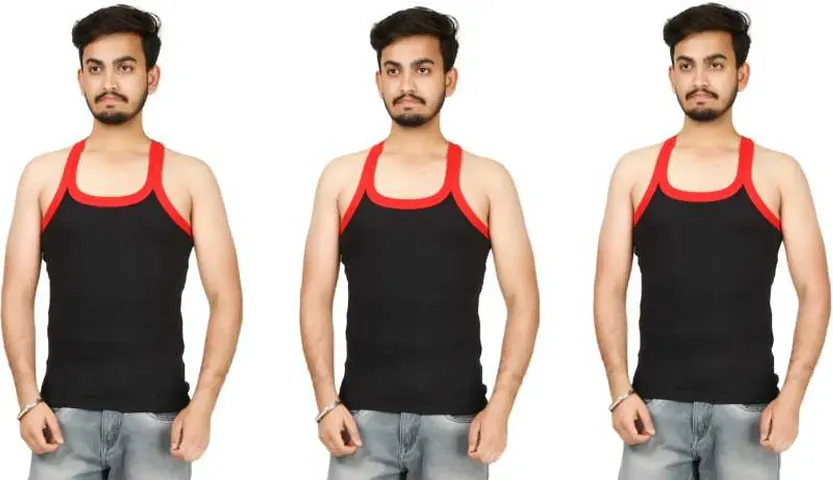 Stylish Cotton Black Solid Sleeveless Round Neck Vest For Men Pack Of 3