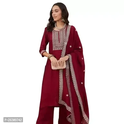 Stylish Silk Blend Red Kurta, Bottom and Dupatta Set For Women