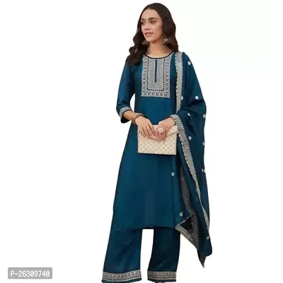 Stylish Silk Blend Blue Kurta, Bottom and Dupatta Set For Women-thumb0