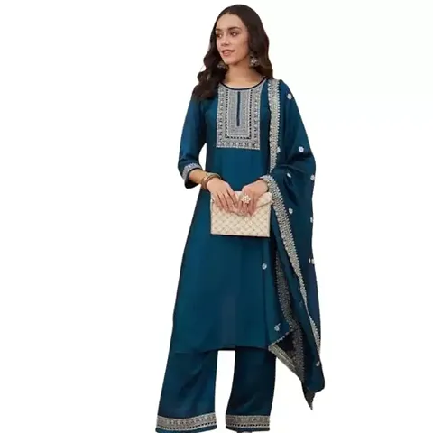 Elegant Embroidered Silk Blend Kurta with Palazzo And Dupatta Set For Women