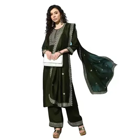 Elegant Silk Blend Embroidered Kurta Palazzo Dupatta Set