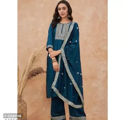 Stylish Silk Blend Blue Kurta, Bottom and Dupatta Set For Women-thumb2