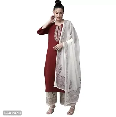 Stylish Cotton Red Kurta, Bottom and Dupatta Set For Women-thumb0