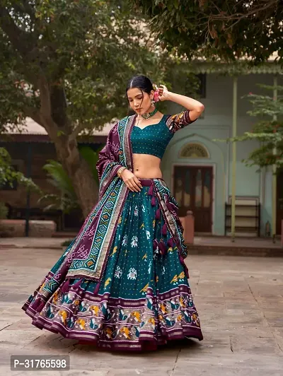 Stylish Green Tussar Silk Printed Lehenga Choli Set For Women