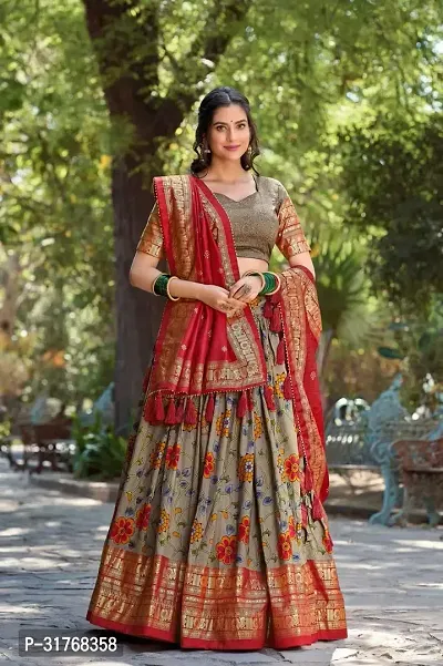 Stylish Red Tussar Silk Printed Lehenga Choli Set For Women