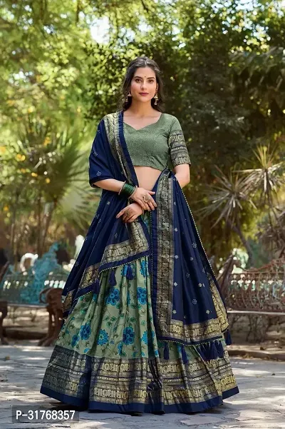 Stylish Green Tussar Silk Printed Lehenga Choli Set For Women