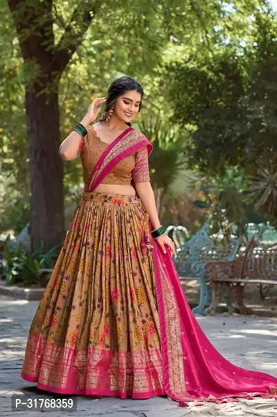 Stylish yellow Tussar Silk Printed Lehenga Choli Set For Women