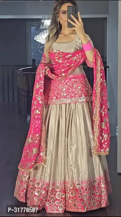 Stylish Beige Pure Chinon Embroidered Lehenga Choli With Dupatta For Women