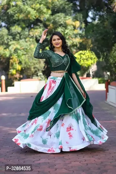 Stylish Green Silk Lehenga  With Choli And Dupatta Set For Women