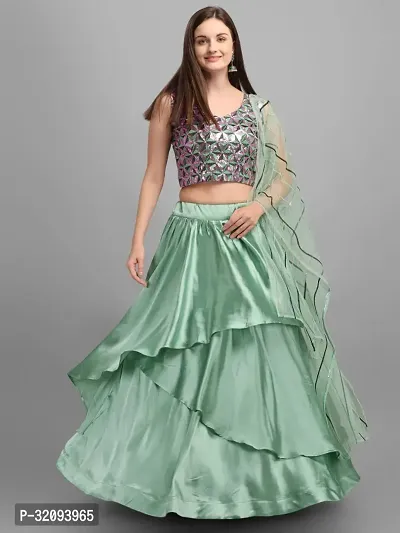 Elegant Green Satin Sequence Embroidered Lehenga with Choli And Dupatta Set For Women-thumb0