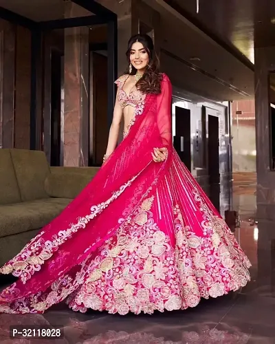 Stylish Pink Georgette Embroidered Lehenga Cholis With Dupatta For Women