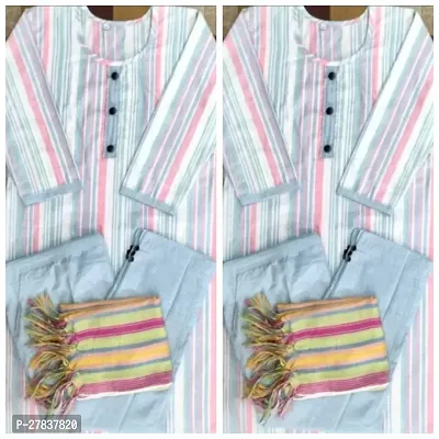 Attractive Grey Striped Khadi Cotton Straight Kurta Pant Set With Dupatta Pack Of 2