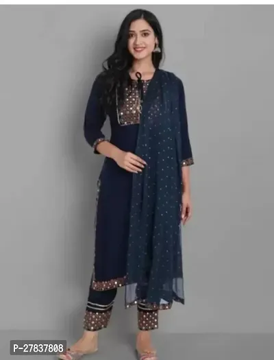 Attractive Blue Embroidered Rayon Straight Kurta Pant Set With Dupatta For Women-thumb0
