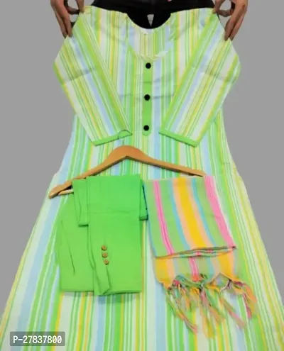 Attractive Green Striped Khadi Cotton Straight Kurta Pant Set With Dupatta For Women
