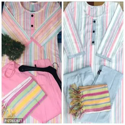 Attractive Multicoloured Striped Khadi Cotton Straight Kurta Pant Set With Dupatta Pack Of 2