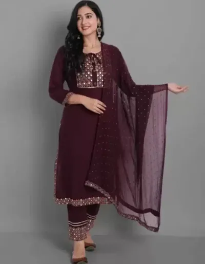Shivansh Collection Women Embroidred Solid Rayon Kurta Pant with Dupatta || Anarkali Kurta Pant with Dupatta Purple