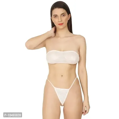 Women Lycra Blend Lace White Lingerie Set Tube Bra and Panty Set (White, 32)-thumb0