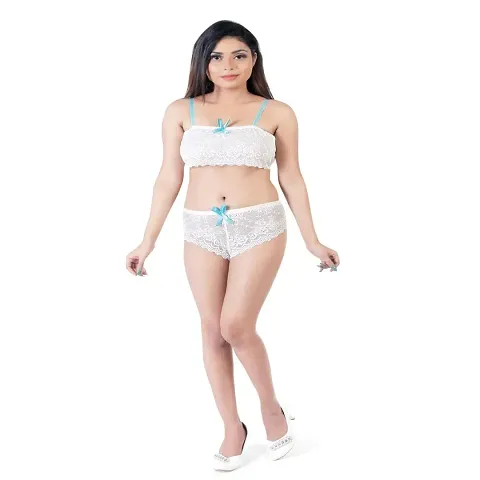 Women's Nylon White Lace Tube Bra and Hipster Panty Lingerie Set (White, 32)-PID40807