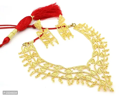 Upala? Gold Plated Leaf Motif Designed Chatai Necklace Set With Adjustable Tassel For Women-thumb0