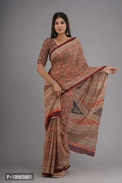 Buy Yufta Women Blue Ajrak print Cotton Saree with Unstitched Blouse online