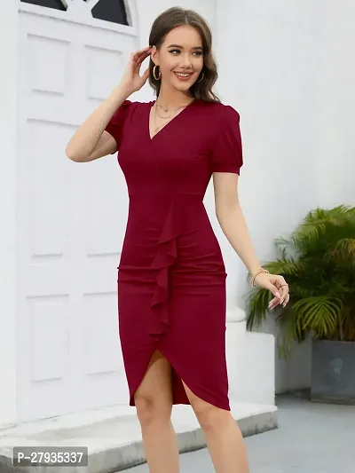 Stylish Maroon Polyester Solid Bodycon Dress For Women-thumb2