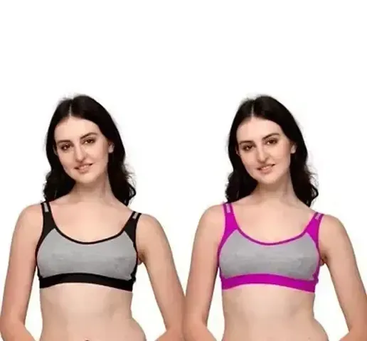 Glamsty Women's Cotton Non-Padded Non-Wired Sports Bra Pack of 2