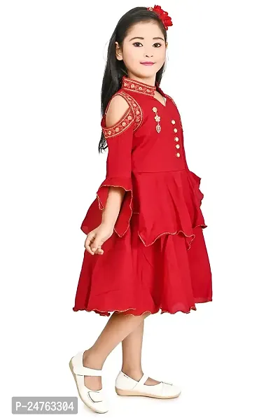 FB Empire Chiffon Casual Knee Length Embroidered Frock Dress for Girls (Red, 11-12 Years)-thumb3