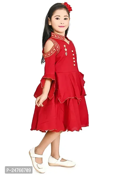 FB Empire Chiffon Casual Knee Length Embroidered Frock Dress for Girls (Red, 7-8 Years)-thumb3