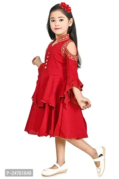 FB Empire Chiffon Casual Knee Length Embroidered Frock Dress for Girls (Red, 4-5 Years)-thumb4