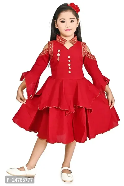 FB Empire Chiffon Casual Knee Length Embroidered Frock Dress for Girls (Red, 3-4 Years)