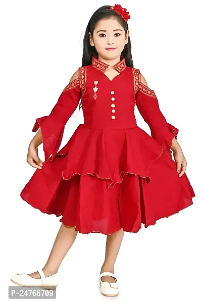 FB Empire Chiffon Casual Knee Length Embroidered Frock Dress for Girls (Red, 7-8 Years)