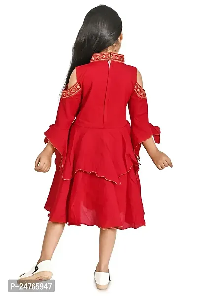 FB Empire Girl' sChiffon Casual Knee Length Embroidered Frock Dress (Red, 12-13 Years)-thumb2