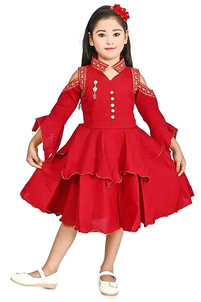 FB Empire Chiffon Casual Knee Length Embroidered Frock Dress for Girls (Red, 4-5 Years)