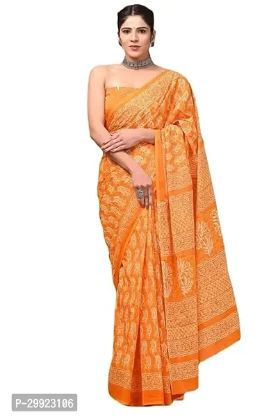 Elegant Orange Cotton Printed Ready To Wear Stitched Saree For Women-thumb0