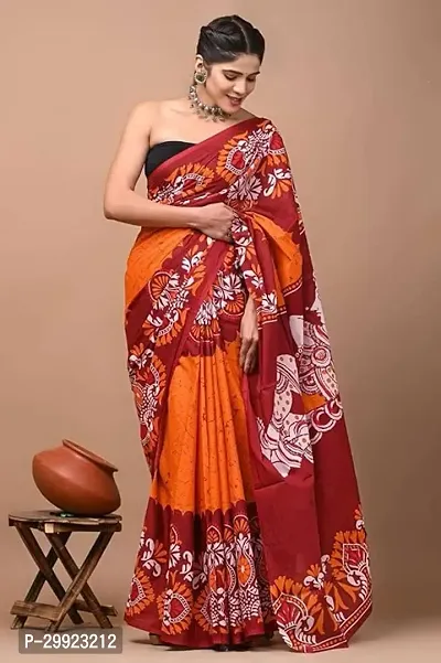 Elegant Multicoloured Cotton Printed Ready To Wear Stitched Saree For Women-thumb0