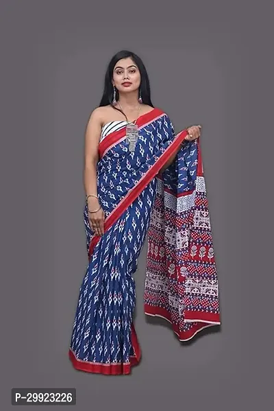 Elegant Blue Cotton Printed Ready To Wear Stitched Saree For Women-thumb0