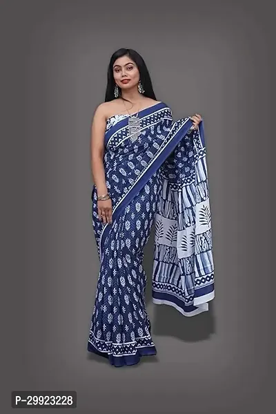 Elegant Blue Cotton Printed Ready To Wear Stitched Saree For Women