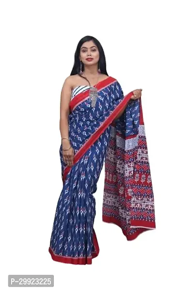 Elegant Blue Cotton Printed Ready To Wear Stitched Saree For Women