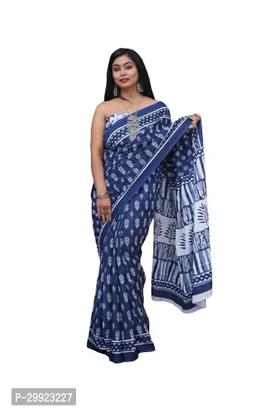 Elegant Blue Cotton Printed Ready To Wear Stitched Saree For Women-thumb0