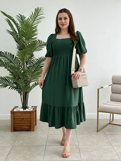 Stylish Green Cotton Blend Solid A-Line Dress For Women