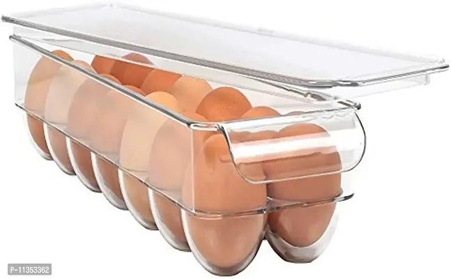 Zollyss Acrylic Egg Holder BPA Free Fridge Organizer with Lid & Handles Refrigerator Storage Container 14 Egg Tray, Clear, Unbreakable-thumb2