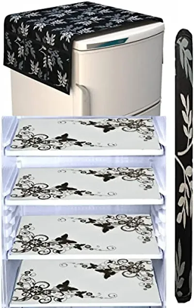FRC DECOR Black Floral Printed(Butterfly) Refrigerator Cover 6 Piece Combo - 1 Decorative Top Cover(39 X 21 Inches) +1 Handle Covers(12 X 6 Inches) + 4 Fridge Mats(11.5 X 17.5 Inches) - Standard Size