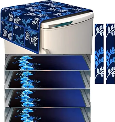 FRC DECOR Blue Box Printed Refrigerator Cover 7 Piece Combo - 1 Decorative Top Cover(39 X 21 Inches) +2 Handle Covers(12 X 6 Inches) + 4 Fridge Mats(11.5 X 17.5 Inches) - Standard Size