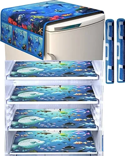 FRC DECOR Blue Fish Mat Printed Refrigerator Cover 7 Piece Combo - 1 Decorative Top Cover(39 X 21 Inches) +2 Handle Covers(12 X 6 Inches) + 4 Fridge Mats(11.5 X 17.5 Inches) - Standard Size