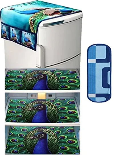 FRC DECOR Peacock Printed Refrigerator Cover 5 Piece Combo - 1 Decorative Top Cover(39 X 21 Inches) +1 Handle Covers(12 X 6 Inches) + 3 Fridge Mats(11.5 X 17.5 Inches) - Standard Size